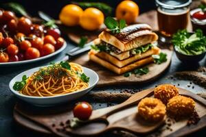 divers voedingsmiddelen Aan een houten tafel. ai-gegenereerd foto