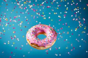 een roze donut met hagelslag Aan een blauw achtergrond. ai-gegenereerd foto