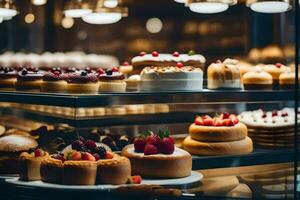 veel verschillend types van cakes zijn Aan Scherm in een bakkerij. ai-gegenereerd foto