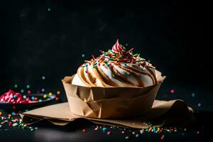 een koekje met hagelslag en een lepel Aan een zwart achtergrond. ai-gegenereerd foto