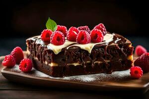 chocola brownie met frambozen Aan een houten bord. ai-gegenereerd foto