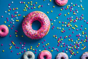 donuts met hagelslag Aan een blauw achtergrond. ai-gegenereerd foto