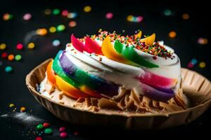 een regenboog taart met hagelslag Aan top. ai-gegenereerd foto