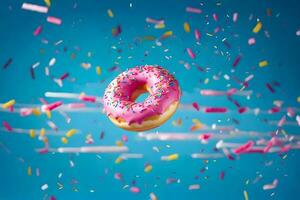 een donut met hagelslag en confetti vallend van de lucht. ai-gegenereerd foto