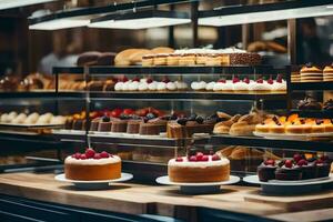 veel verschillend types van cakes zijn Aan Scherm in een bakkerij. ai-gegenereerd foto