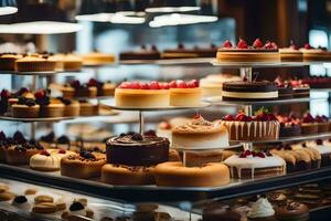 veel verschillend types van cakes zijn Aan Scherm in een bakkerij. ai-gegenereerd foto