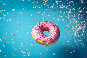 een donut met hagelslag Aan een blauw achtergrond. ai-gegenereerd foto