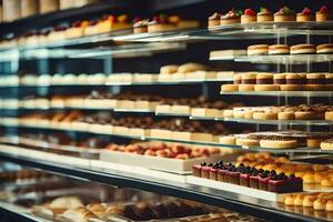 een bakkerij Scherm met veel verschillend types van gebakjes. ai-gegenereerd foto