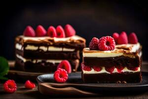 chocola taart met frambozen Aan een donker achtergrond. ai-gegenereerd foto