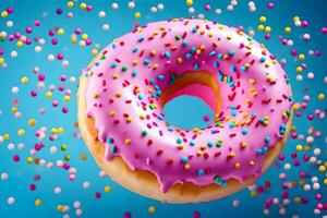 een donut met roze glimmertjes en hagelslag Aan een blauw achtergrond. ai-gegenereerd foto