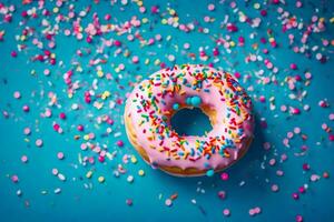 een donut met roze glimmertjes en hagelslag Aan een blauw achtergrond. ai-gegenereerd foto