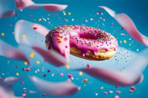 een donut met roze suikerglazuur en hagelslag is vliegend in de lucht. ai-gegenereerd foto