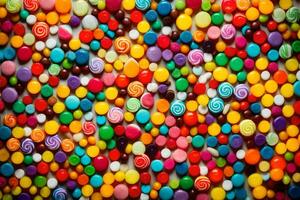 kleurrijk snoep snoepjes Aan een zwart achtergrond. ai-gegenereerd foto