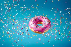 een donut met hagelslag Aan een blauw achtergrond. ai-gegenereerd foto