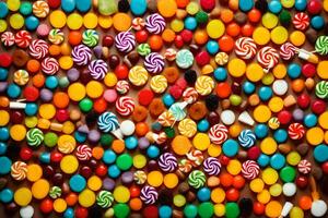 kleurrijk snoep snoepjes Aan een tafel. ai-gegenereerd foto