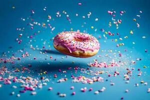 een donut met hagelslag Aan een blauw achtergrond. ai-gegenereerd foto