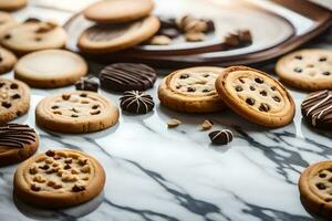 chocola spaander koekjes Aan een marmeren tafel. ai-gegenereerd foto