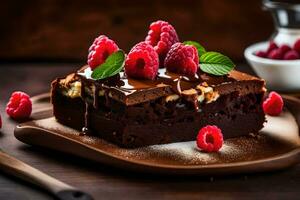 chocola brownie met frambozen en noten Aan een houten tafel. ai-gegenereerd foto