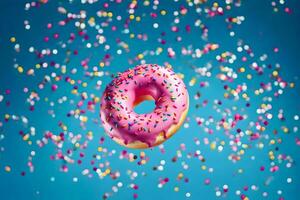 een donut met hagelslag Aan een blauw achtergrond. ai-gegenereerd foto