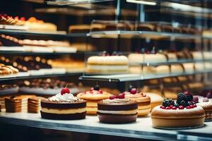 veel verschillend types van cakes zijn Aan Scherm in een bakkerij. ai-gegenereerd foto