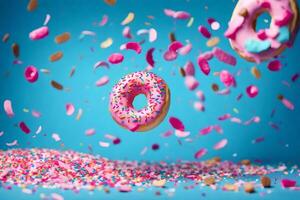 donuts met hagelslag en confetti Aan een blauw achtergrond. ai-gegenereerd foto