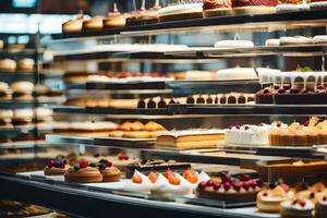 veel verschillend types van cakes zijn Aan Scherm in een bakkerij. ai-gegenereerd foto