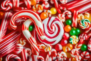 veel snoep wandelstokken en snoep lolly zijn geregeld in een cirkel. ai-gegenereerd foto