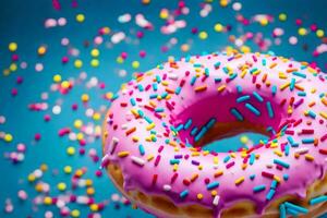 een donut met roze suikerglazuur en hagelslag Aan een blauw achtergrond. ai-gegenereerd foto
