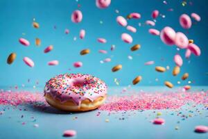 een donut met hagelslag en roze glimmertjes is vliegend in de lucht. ai-gegenereerd foto