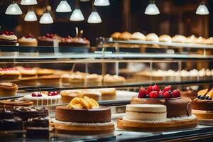 veel verschillend types van cakes zijn Aan Scherm in een bakkerij. ai-gegenereerd foto