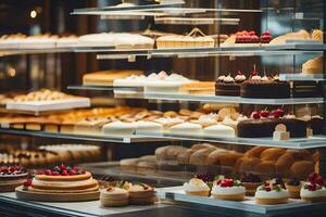 veel verschillend types van cakes zijn Aan Scherm in een bakkerij. ai-gegenereerd foto