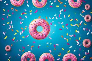 donuts Aan een blauw achtergrond met confetti. ai-gegenereerd foto