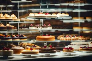 veel verschillend types van cakes zijn Aan Scherm in een bakkerij. ai-gegenereerd foto