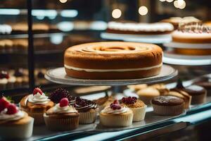 een Scherm van cakes en cupcakes in een bakkerij. ai-gegenereerd foto