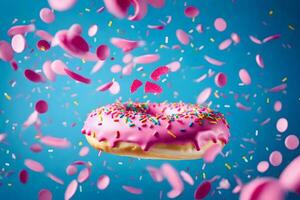 roze berijpt donut met hagelslag Aan een blauw achtergrond. ai-gegenereerd foto