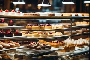 veel verschillend types van cakes zijn weergegeven in een bakkerij. ai-gegenereerd foto