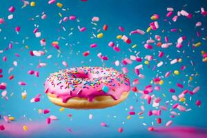 een donut met roze suikerglazuur en hagelslag Aan een blauw achtergrond. ai-gegenereerd foto