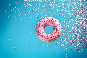 een donut met hagelslag Aan een blauw achtergrond. ai-gegenereerd foto