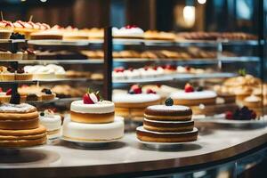 veel verschillend types van cakes zijn Aan Scherm in een bakkerij. ai-gegenereerd foto