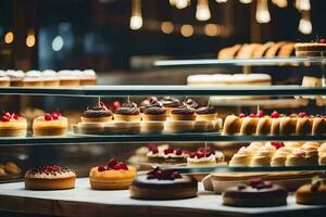 veel verschillend types van cakes zijn Aan Scherm in een bakkerij. ai-gegenereerd foto