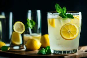 een glas van limonade met munt bladeren en citroenen. ai-gegenereerd foto