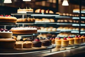 veel verschillend types van cakes zijn Aan Scherm in een bakkerij. ai-gegenereerd foto