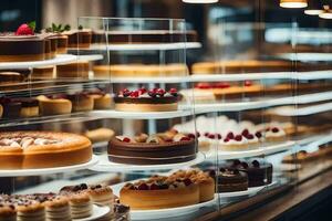 veel verschillend types van cakes zijn Aan Scherm in een bakkerij. ai-gegenereerd foto