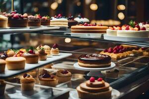 een Scherm van cakes en gebakjes in een bakkerij. ai-gegenereerd foto