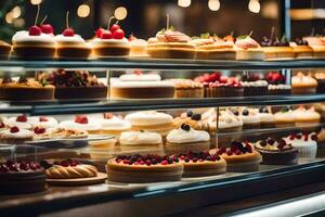 een Scherm geval gevulde met cakes en gebakjes. ai-gegenereerd foto