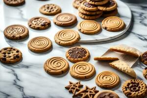 een verscheidenheid van koekjes Aan een marmeren balie. ai-gegenereerd foto