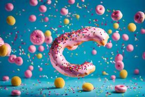 een donut met hagelslag en confetti vallend van het. ai-gegenereerd foto