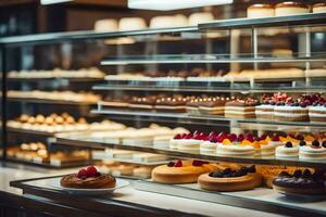 veel verschillend types van cakes zijn Aan Scherm in een bakkerij. ai-gegenereerd foto