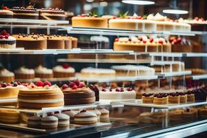 veel verschillend types van cakes zijn Aan Scherm in een bakkerij. ai-gegenereerd foto