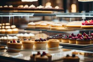 veel verschillend types van cakes zijn Aan Scherm in een bakkerij. ai-gegenereerd foto